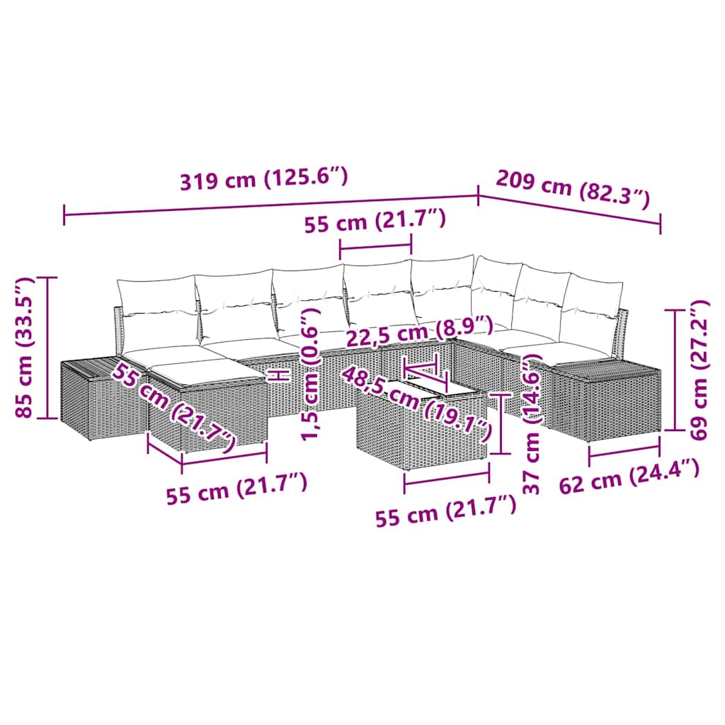 Conjunto de Sofá de Jardim com almofada 9 pcs Castanho vime PE