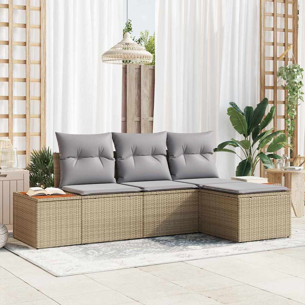 Conjunto de Sofá de Jardim com almofada 4 pcs Bege vime PE