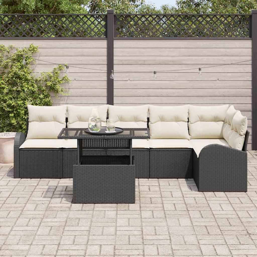 Conjunto de Sofá de Jardim 7 pcs Preto e creme vime PE