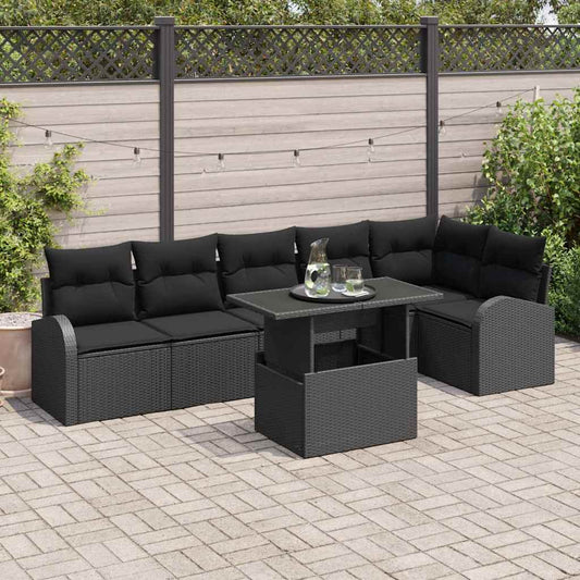 Conjunto de Sofá de Jardim com travesseiro 7 pcs Preto vime PE