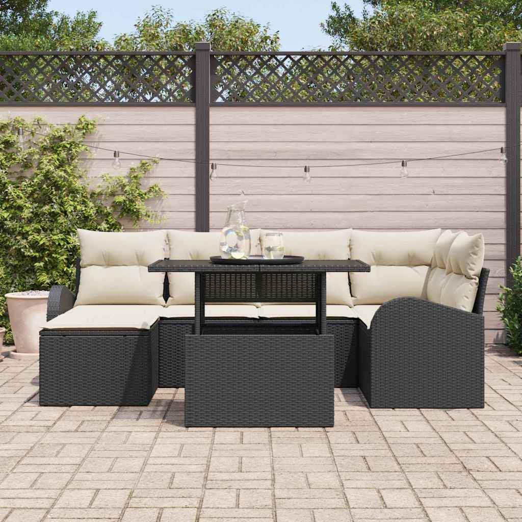 Conjunto de Sofá de Jardim com almofada 7 pcs Preto e creme