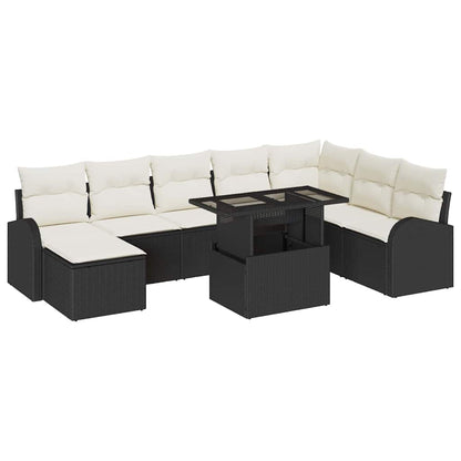Conjunto de Sofá de Jardim com almofada 9 pcs Preto e creme