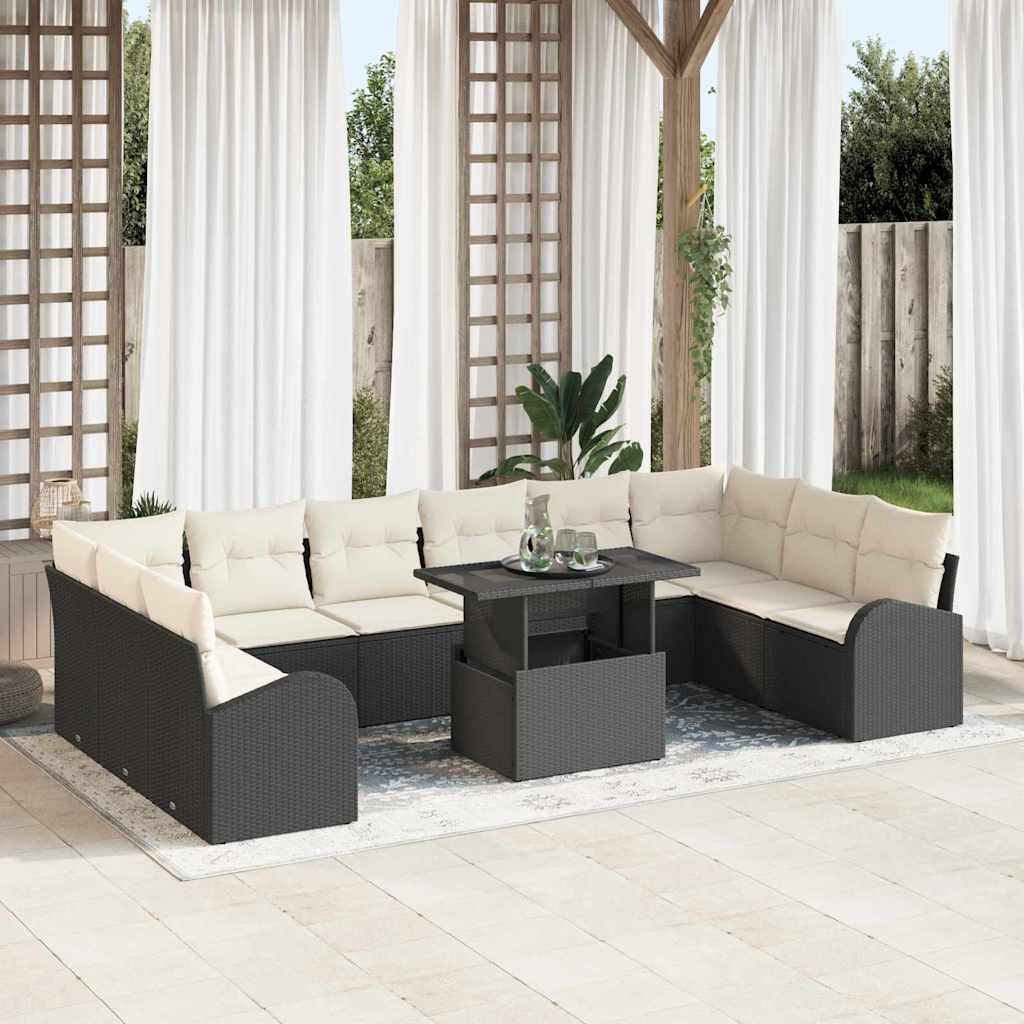 Conjunto de Sofá de Jardim 11 pcs Preto e creme vime PE