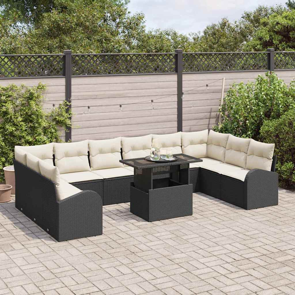 Conjunto de Sofá de Jardim 11 pcs Preto e creme vime PE