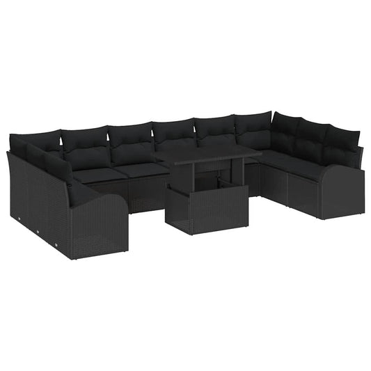 Conjunto de Sofá de Jardim com travesseiro 11 pcs Preto vime PE