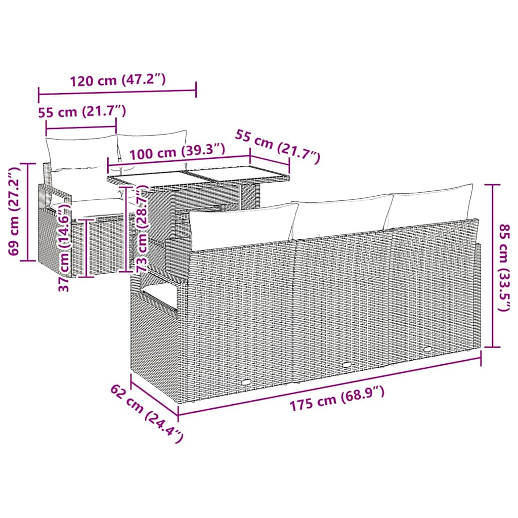 Conjunto de Sofás com almofada 6 pcs Preto vime PE