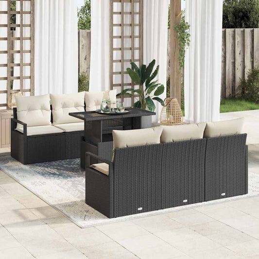 Conjunto de Sofá de Jardim 7 pcs Preto e Creme vime PE