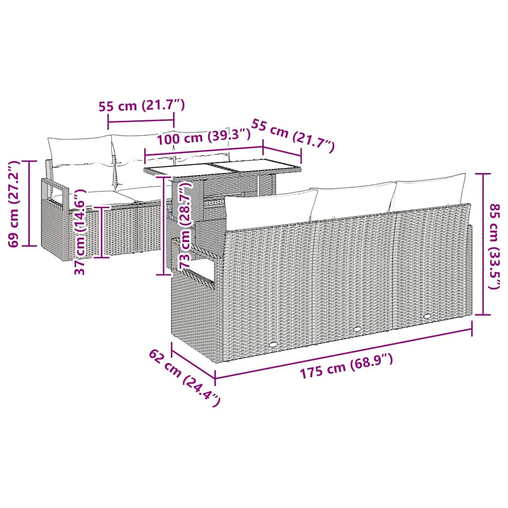 Conjunto de Sofá de Jardim 7 pcs Cinzento-claro vime PE