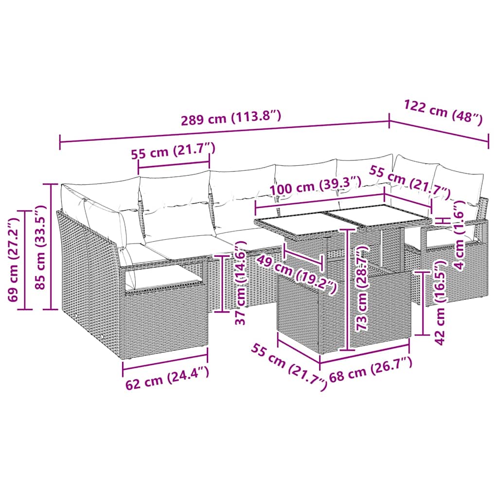 Conjunto de Sofá de Jardim com almofada 8 pcs Cinzeto vime PE