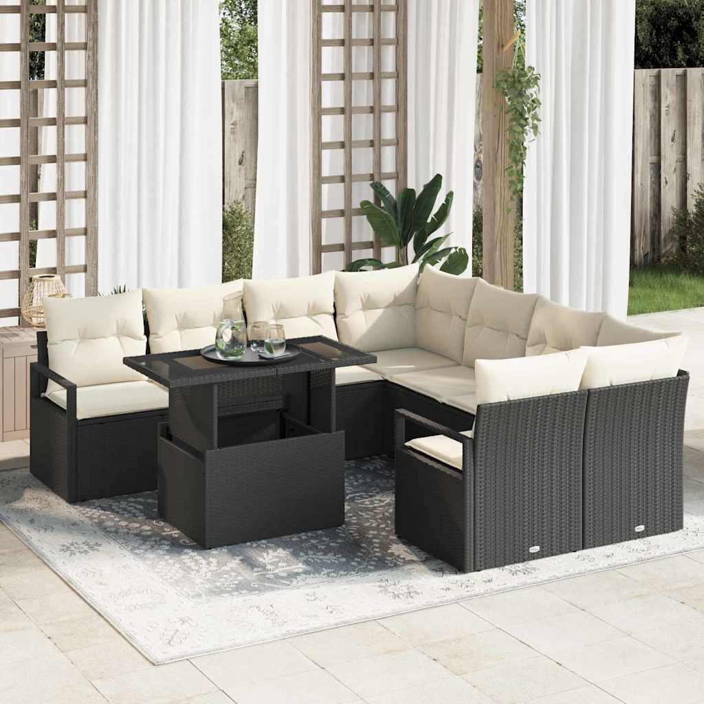 Conjunto de Sofá de Jardim 9 pcs Preto e Creme vime PE