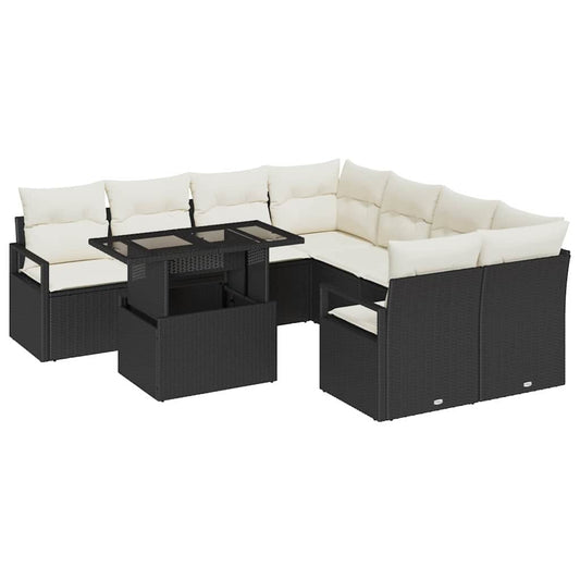 Conjunto de Sofá de Jardim 9 pcs Preto e Creme vime PE