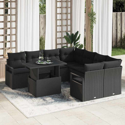 Conjunto de Sofá de Jardim com almofada 9 pcs Preto vime PE