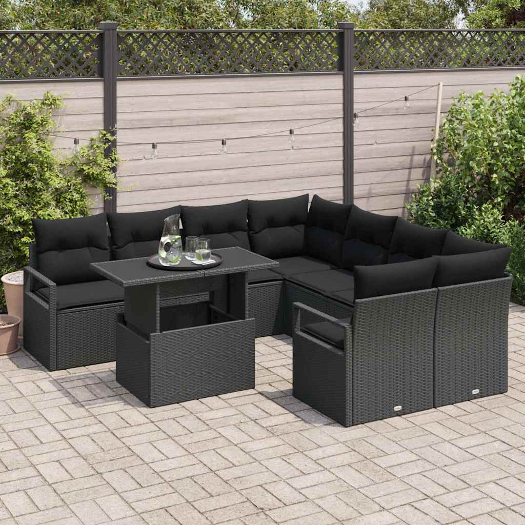 Conjunto de Sofá de Jardim com almofada 9 pcs Preto vime PE