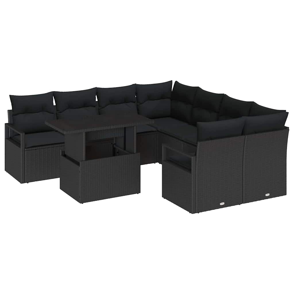 Conjunto de Sofá de Jardim com almofada 9 pcs Preto vime PE