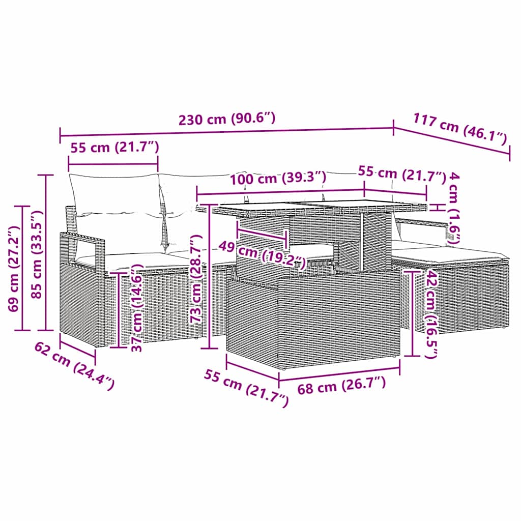Conjunto de Sofá de Jardim 6 pcs bege e cinzento claro vime PE