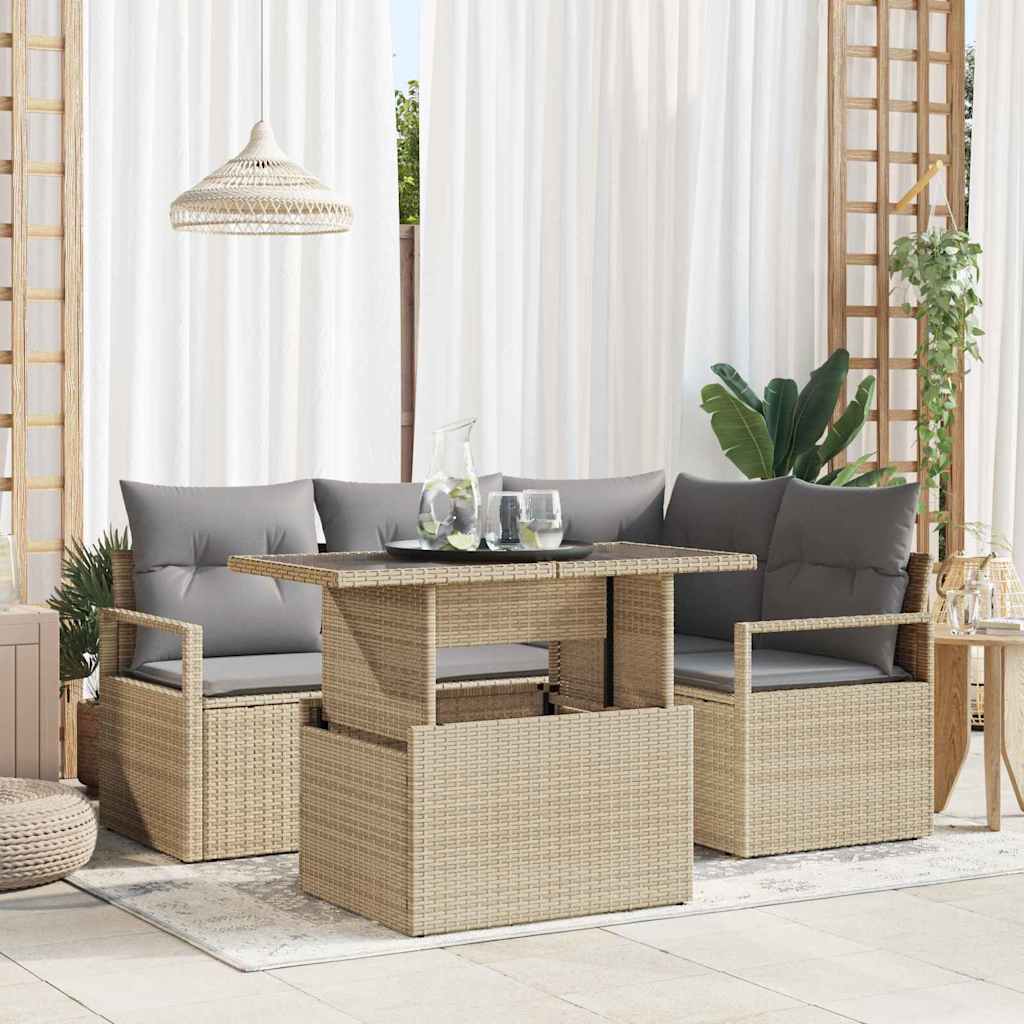Conjunto de Sofá de Jardim Manual 5 pcs bege e cinzento claro