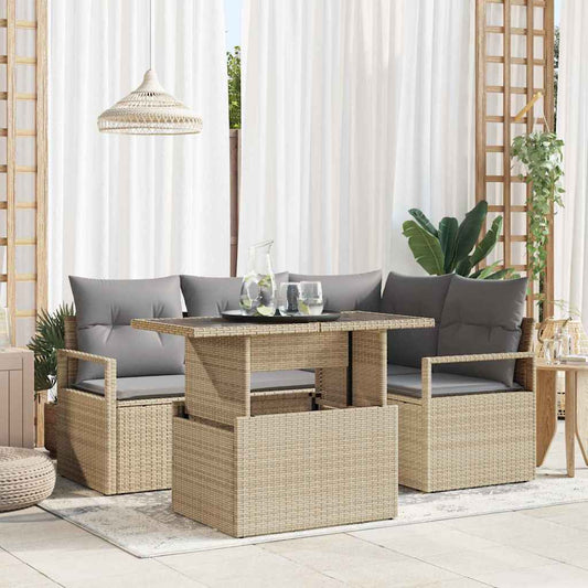 Conjunto de Sofá de Jardim Manual 5 pcs bege e cinzento claro