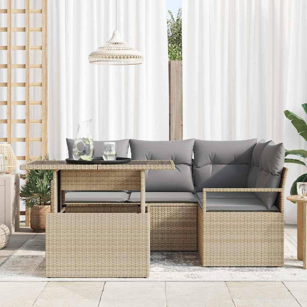 Conjunto de Sofá de Jardim Manual 5 pcs bege e cinzento claro