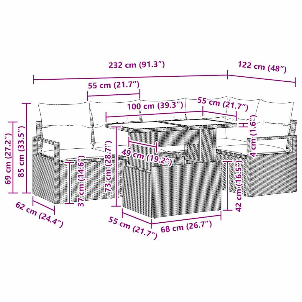Conjunto de Sofá de Jardim com almofada 6 pcs Preto vime PE