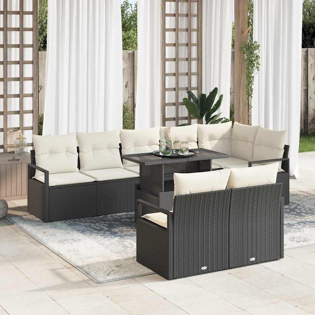 Conjunto de Sofá de Jardim 9 pcs Preto e Creme vime PE