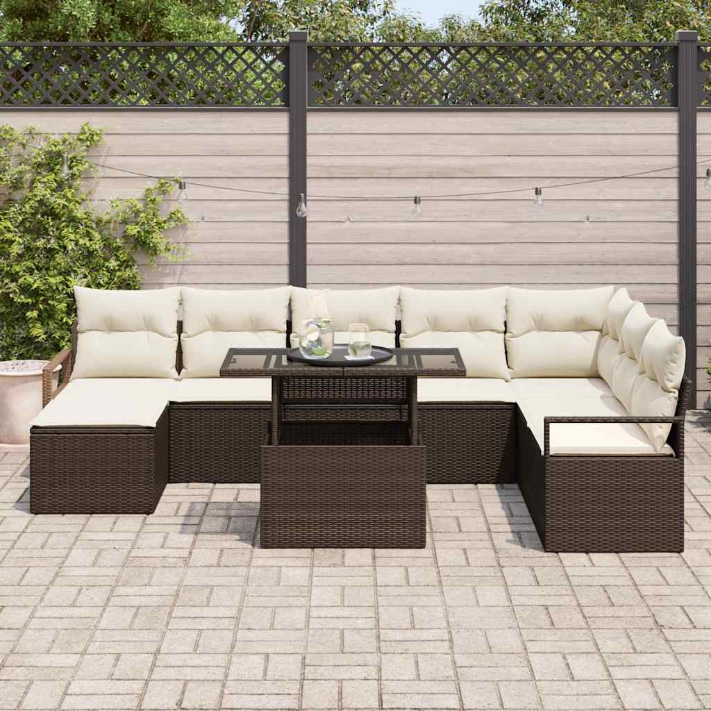 Conjunto de Sofá de Jardim com almofada 9 pcs Castanho e creme