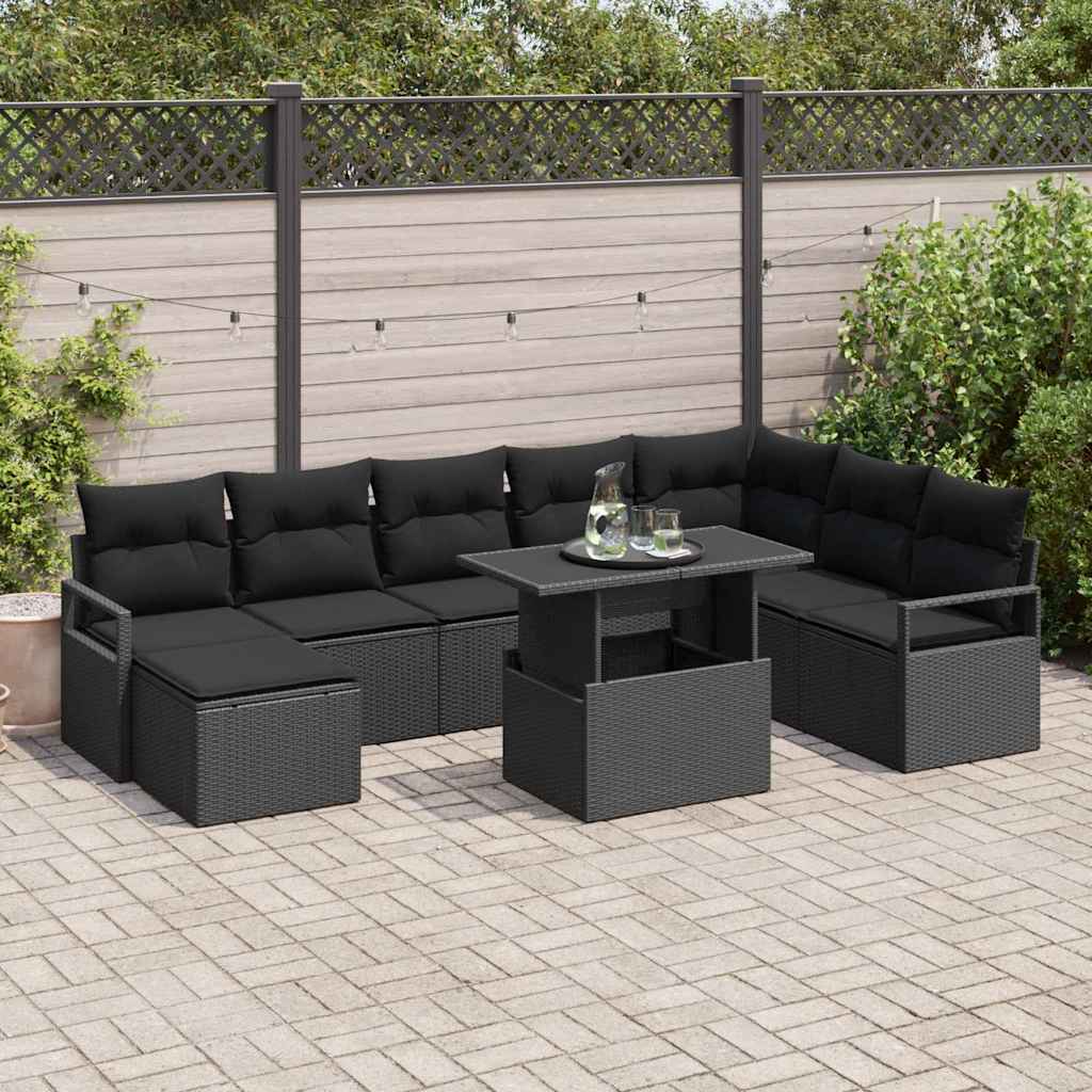 Conjunto de Sofá de Jardim com almofada 9 pcs Preto