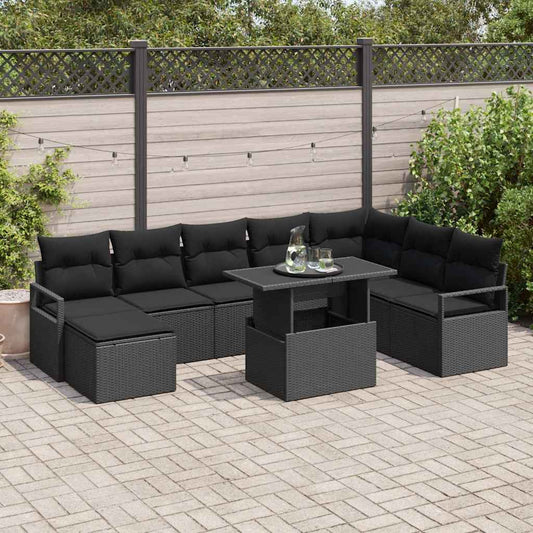 Conjunto de Sofá de Jardim com almofada 9 pcs Preto