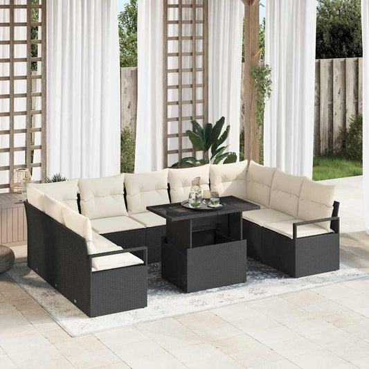 Conjunto de Sofá de Jardim 10 pcs Preto e creme vime PE