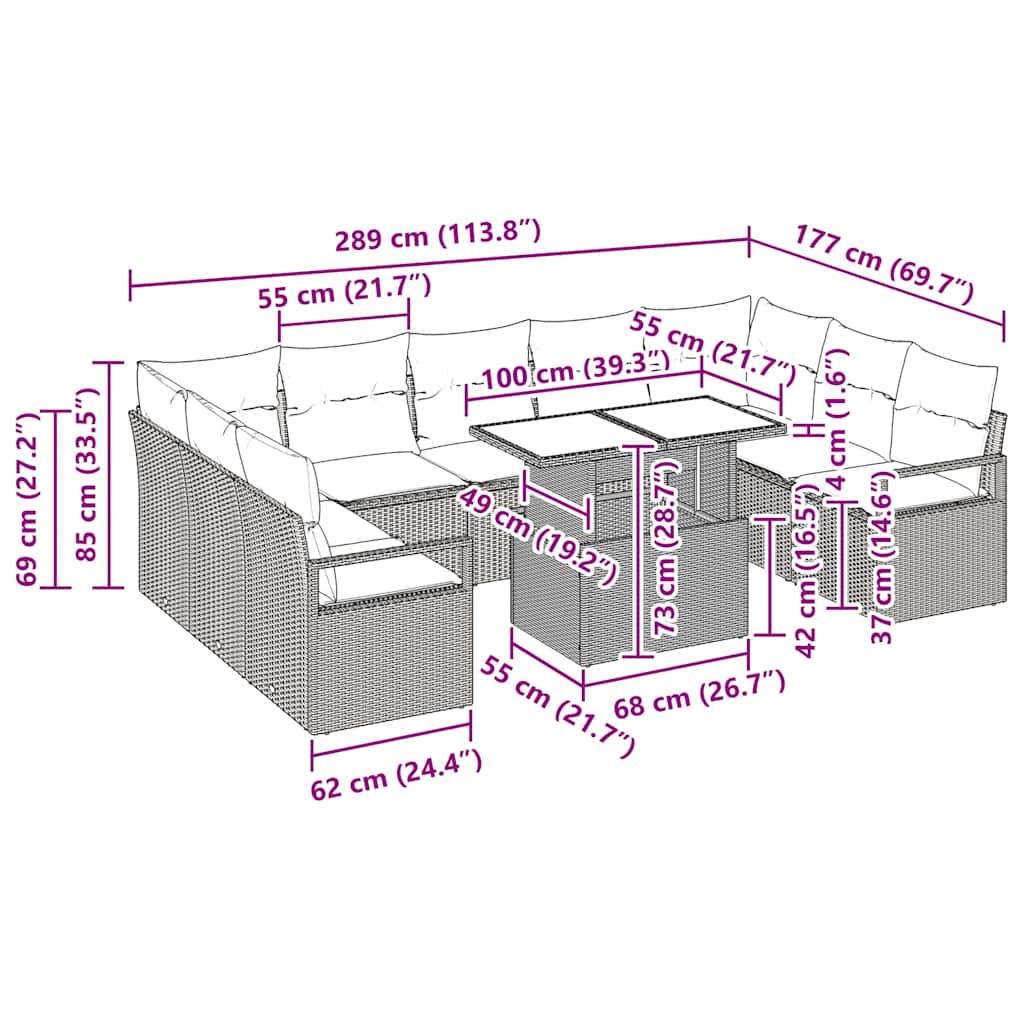 Conjunto de Sofá de Jardim com almofada 10 pcs Cinzeto vime PE