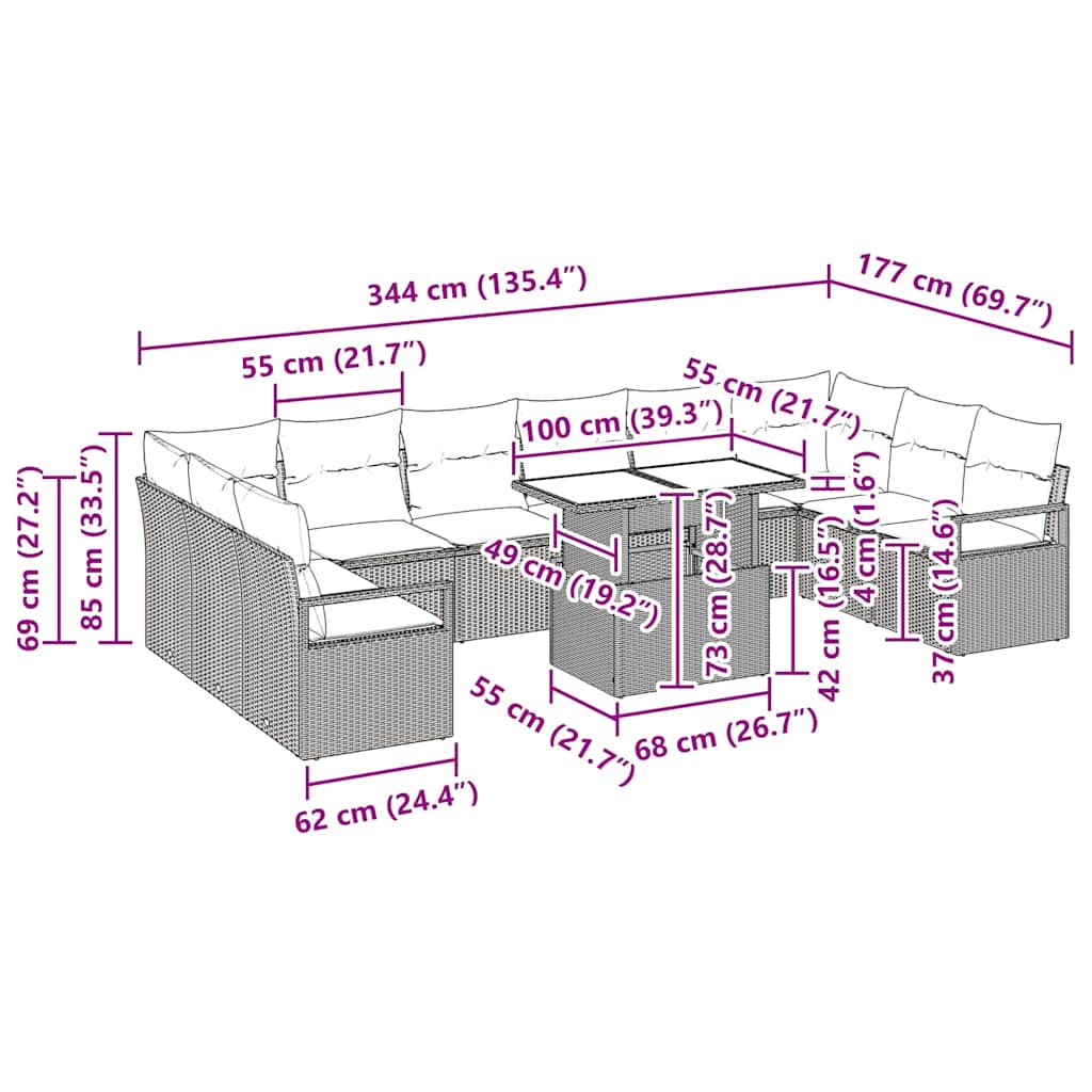 Conjunto de Sofá de Jardim 11 pcs Bege e Cinza Claro vime PE