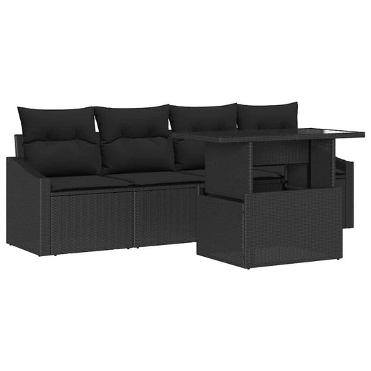 Conjunto de Sofá de Jardim com almofada 5 pcs Preto vime PE