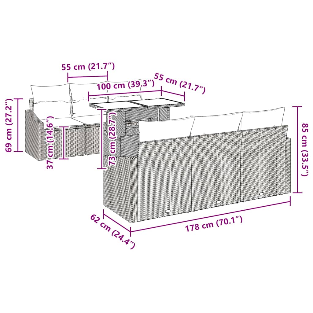 Conjunto de Sofá de Jardim 7 pcs Cinzeto vime PE