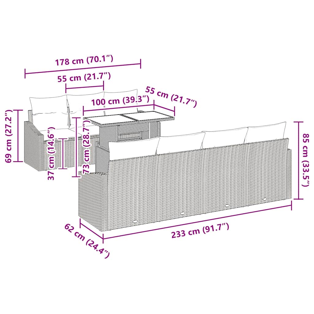 Conjunto de Sofá de Jardim com almofada 8 pcs Cinzeto vime PE