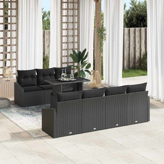 Conjunto de Sofá de Jardim com almofada 8 pcs Preto vime PE