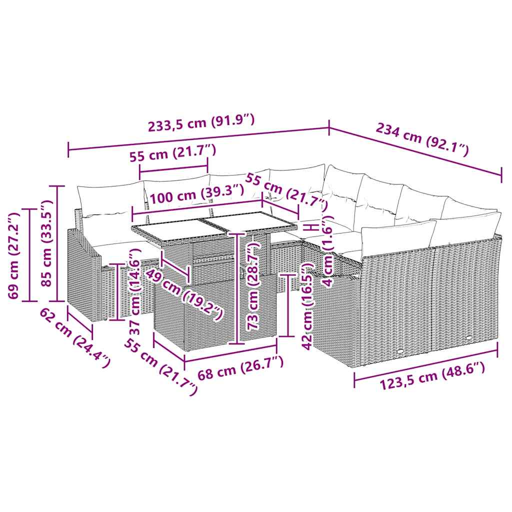 Conjunto de Sofá de Jardim 9 pcs Preto e Creme vime PE