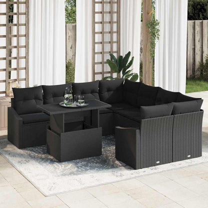Conjunto de Sofá de Jardim com almofada 9 pcs Preto vime PE