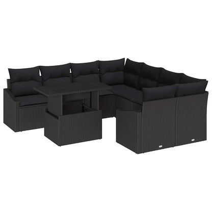 Conjunto de Sofá de Jardim com almofada 9 pcs Preto vime PE