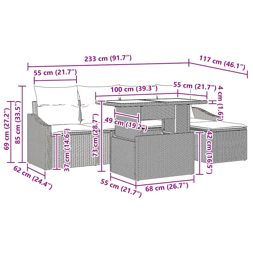 Conjunto de Sofá de Jardim 6 pcs Bege e Cinza Claro vime PE
