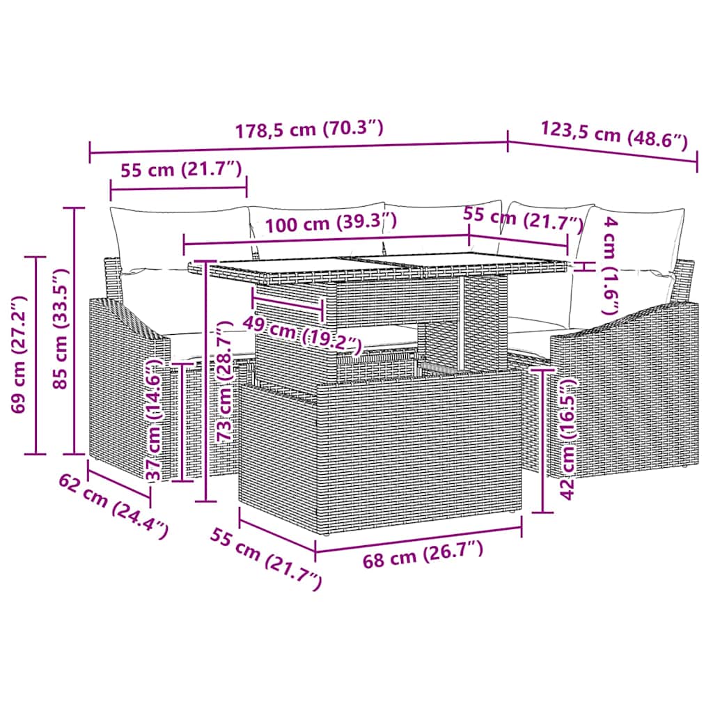 Conjunto de Sofá de Jardim com almofada 5 pcs Preto vime PE