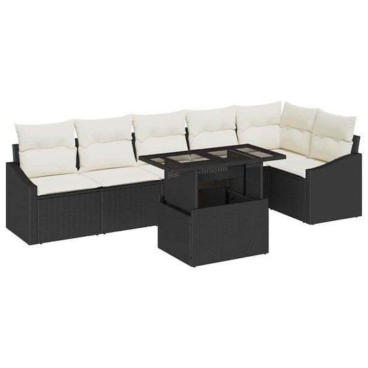 Conjunto de Sofá de Jardim com almofada 7 pcs Preto e creme