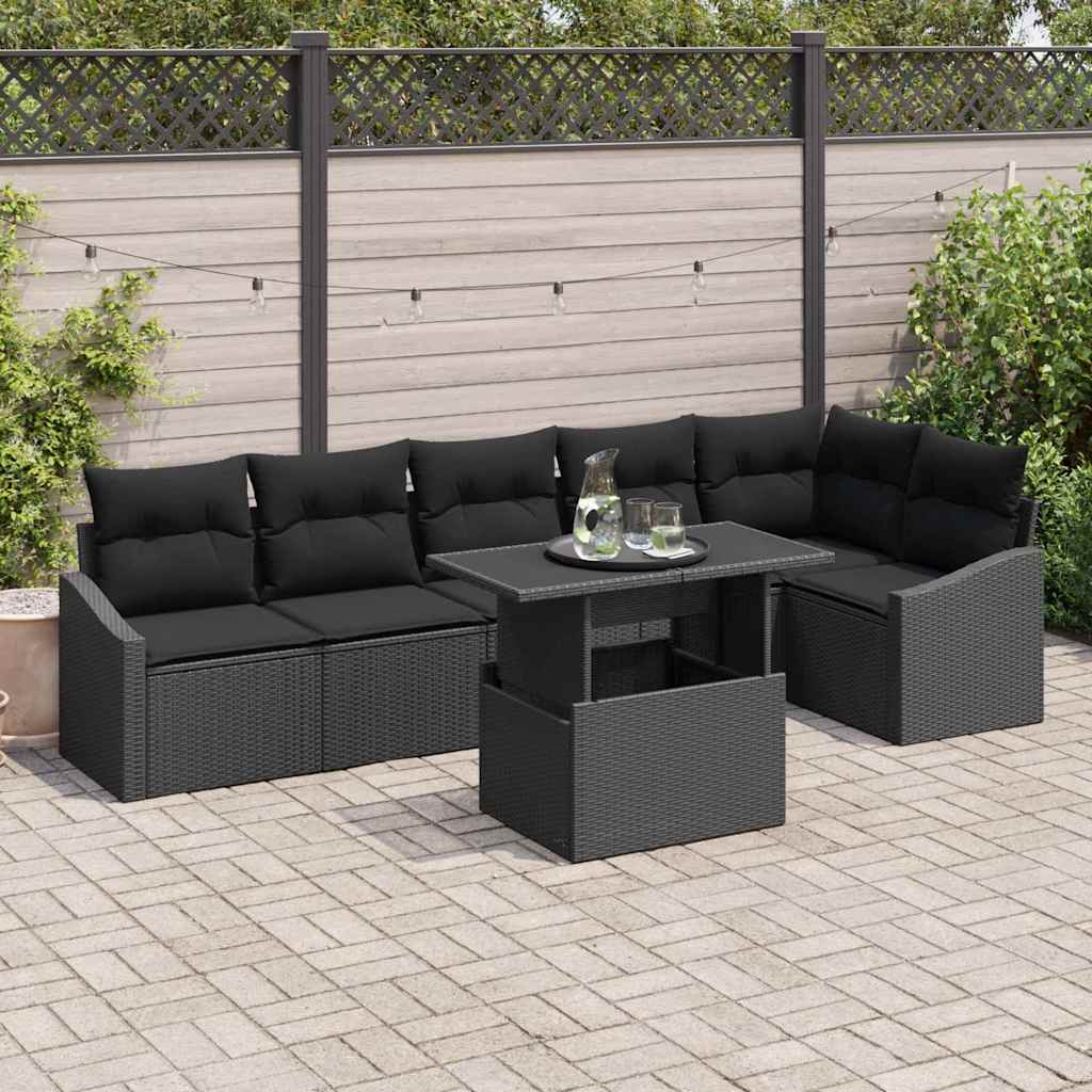 Conjunto de Sofá de Jardim com almofada 7 pcs Preto vime PE