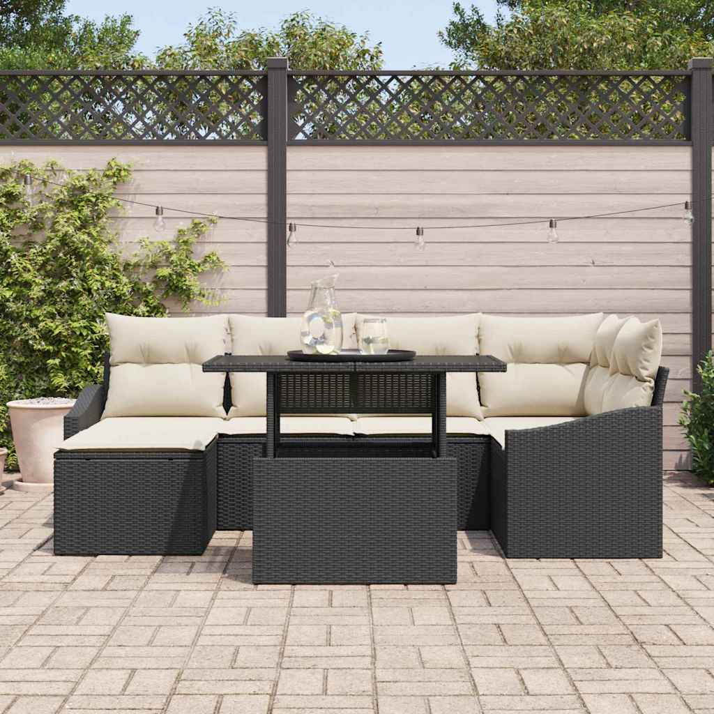 Conjunto de Sofá de Jardim com almofada 7 pcs Preto e creme