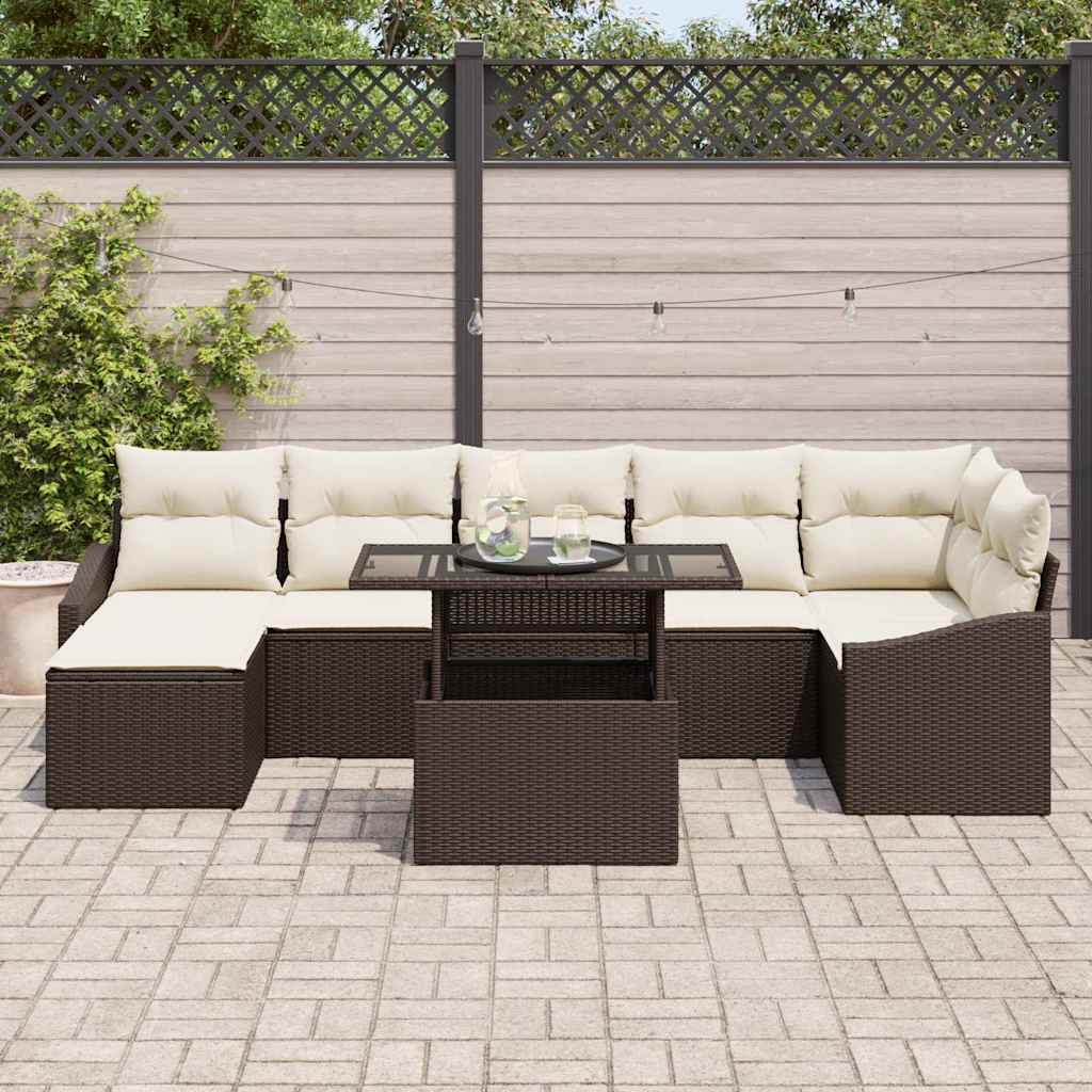 Conjunto de Sofá de Jardim 8 pcs Marrom e Creme vime PE