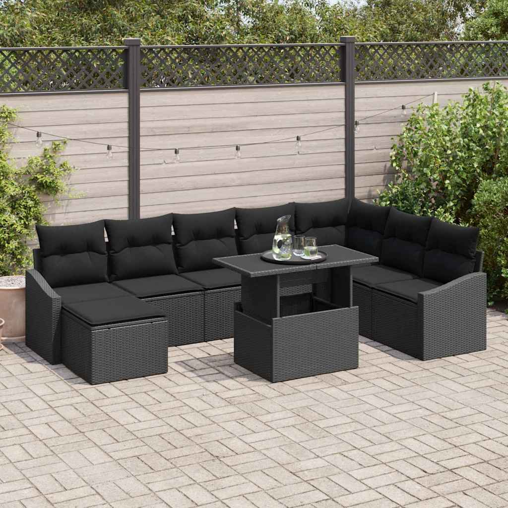 Conjunto de Sofá de Jardim com almofada 9 pcs Preto