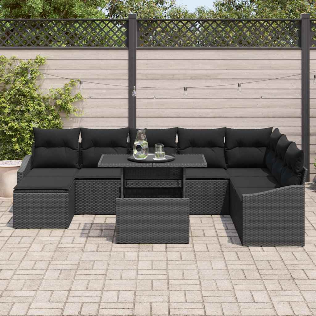 Conjunto de Sofá de Jardim com almofada 9 pcs Preto