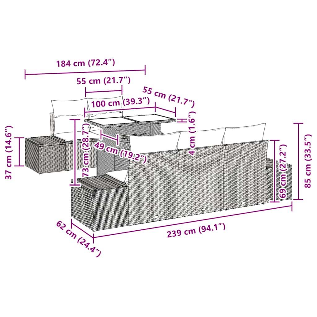 Conjunto de Sofás com almofada 6 pcs Cinzento-claro vime PE