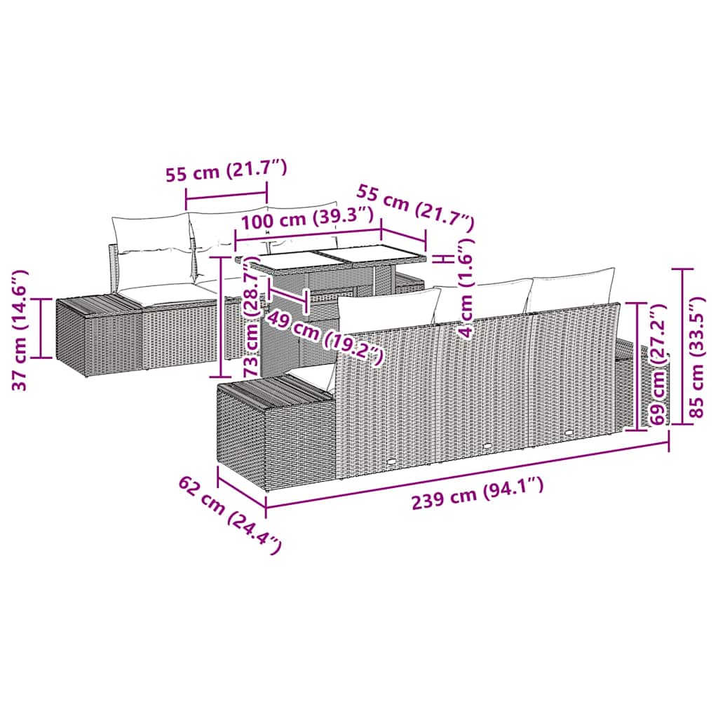 Conjunto de Sofás com almofada Manual 7 pcs Cinzeto vime PE