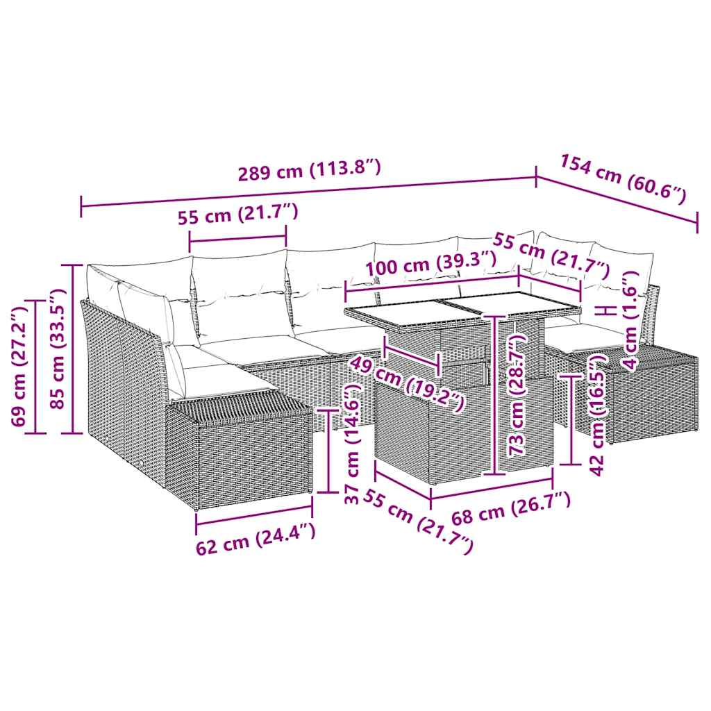 Conjunto de Sofás com almofada 8 pcs Marrom e Creme vime PE