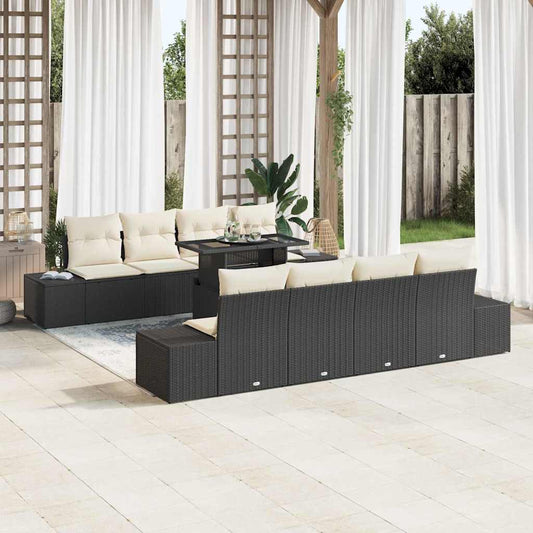 Conjunto de Sofá de Jardim 9 pcs Preto e Creme vime PE
