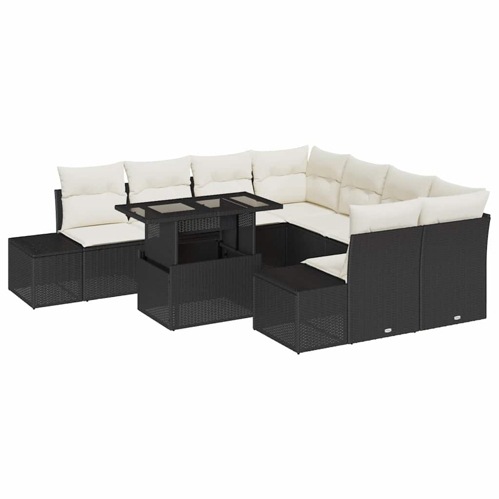 Conjunto de Sofá de Jardim 9 pcs Preto e Creme vime PE